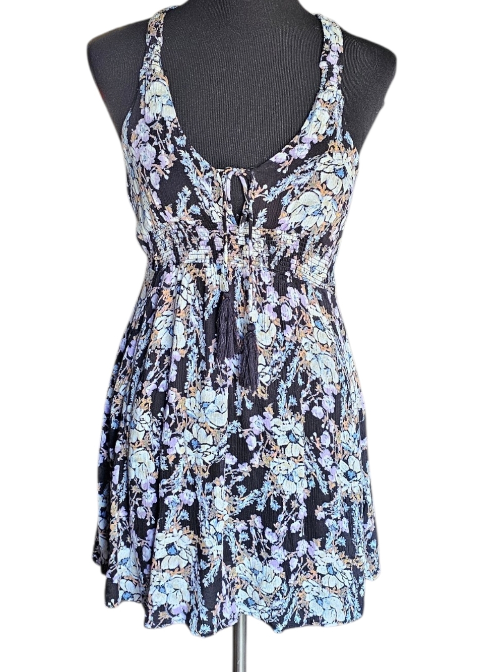 Free People Washed Ashore MiniDressXS Black Floral Halter Backless Boho Festival